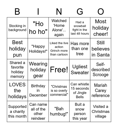 Virtual Holiday Bingo Card