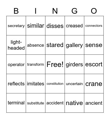 Eagle Song Vocabulary Bingo Card