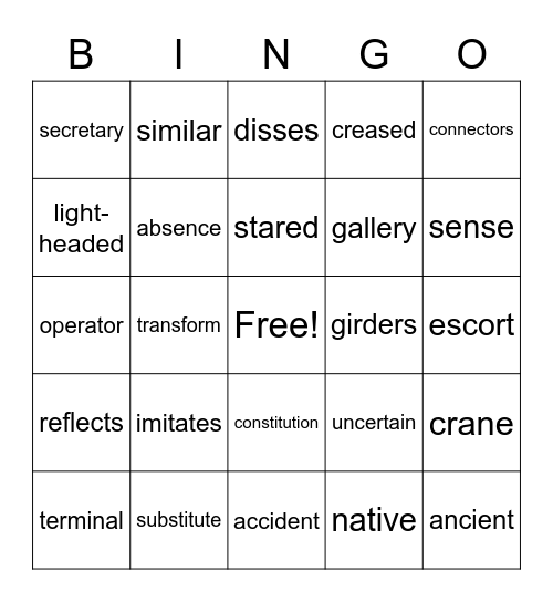 Eagle Song Vocabulary Bingo Card