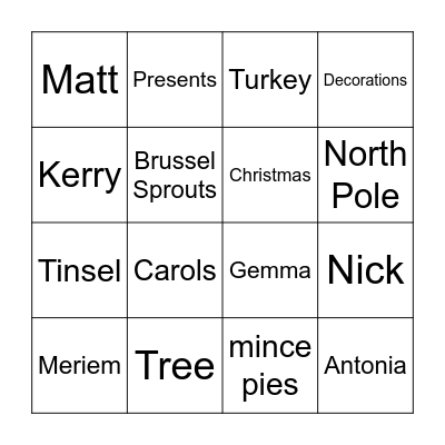 Team Christmas Bingo Card