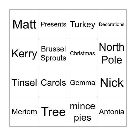 Team Christmas Bingo Card