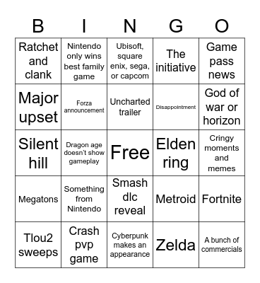 Game Awards Bingo Card