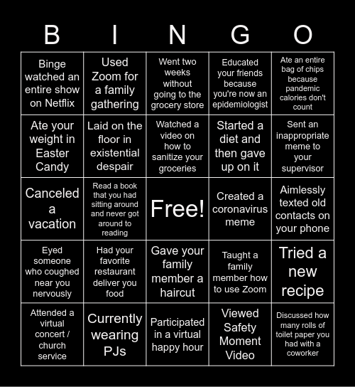 Social Distancing Bingo Card