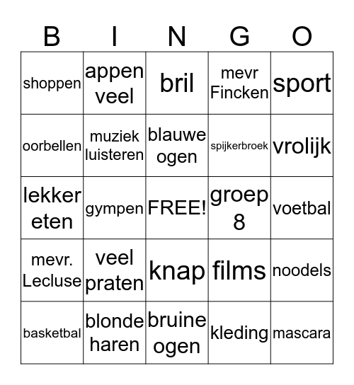 klas 2D Bingo Card