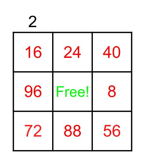8 Times Table Bingo Card