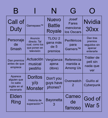 Chupitos en los Game Awards Bingo Card