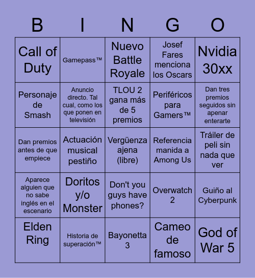 Chupitos en los Game Awards Bingo Card