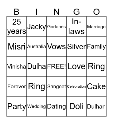 Jacky Vinisha Silver Anniversary  Bingo Card