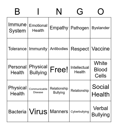 6th Grade Health PV Bingo Card