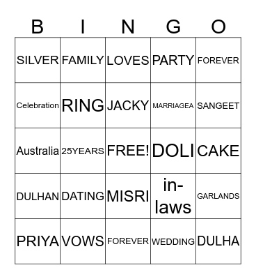 JackyVinisha 25th Silver Anniversary Bingo Card