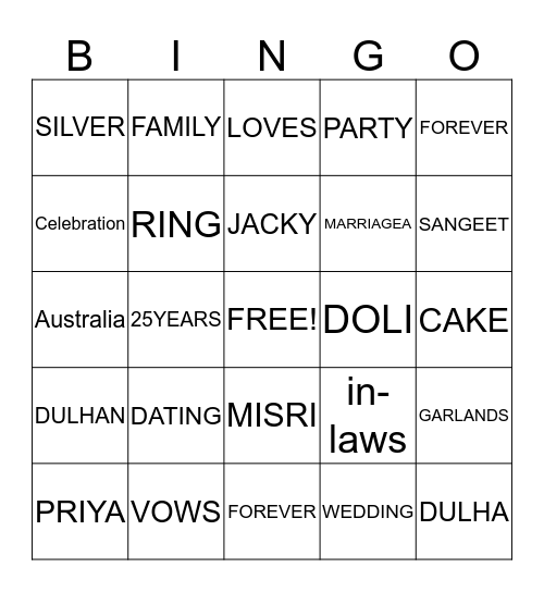 JackyVinisha 25th Silver Anniversary Bingo Card