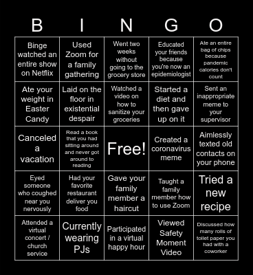 Social Distancing Bingo Card
