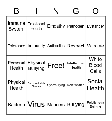 6th Grade Health PR Bingo Card