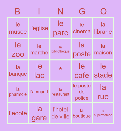 le vocabulaire Bingo Card