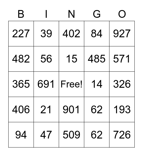 Place Value Bingo Card