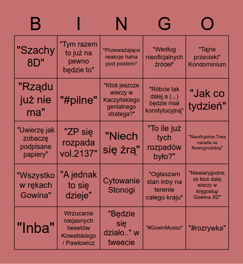 "Rząd się rozpada" SPP Bingo Card