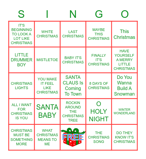 Christmas Pop Hits Bingo Card