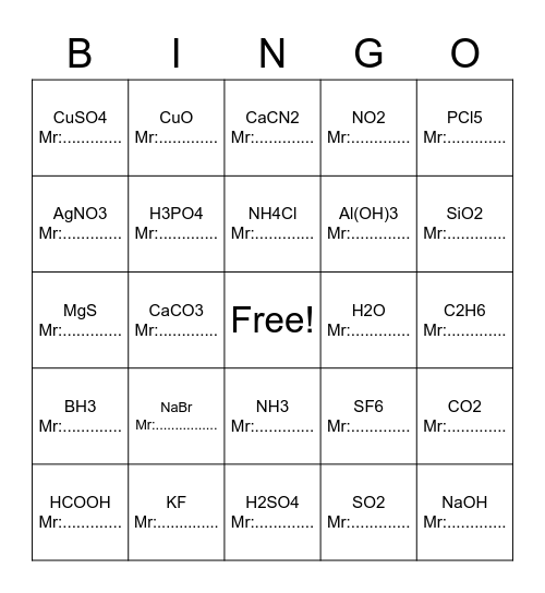 Relative Molecular Mass Bingo Card