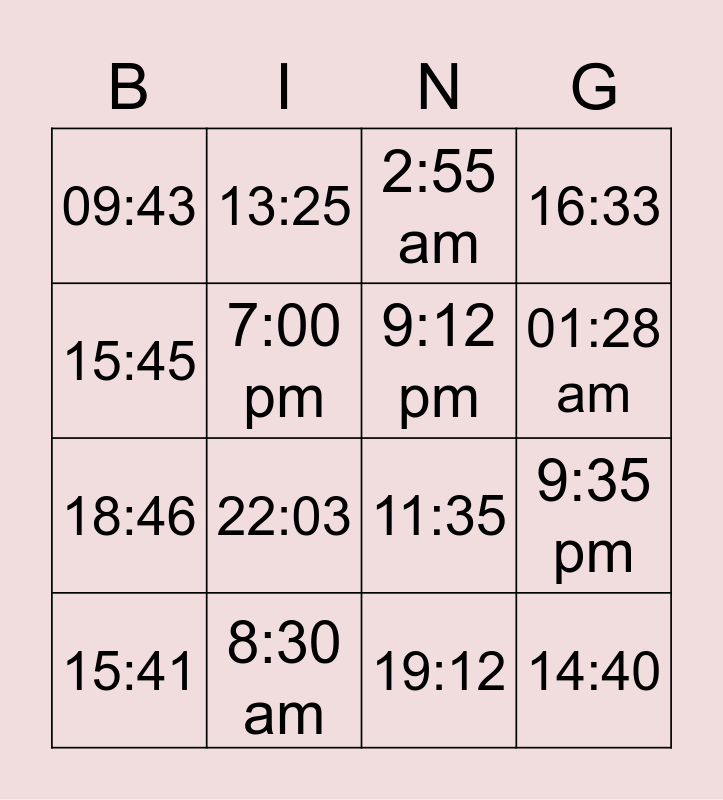 Time Bingo Card