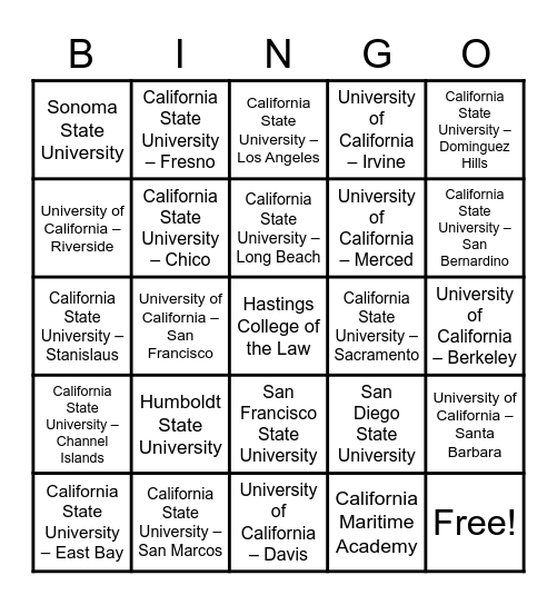 CSU and UC Schools in California Bingo Card