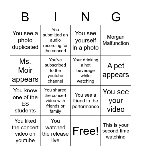 Concert Watch Bing Bingo Card