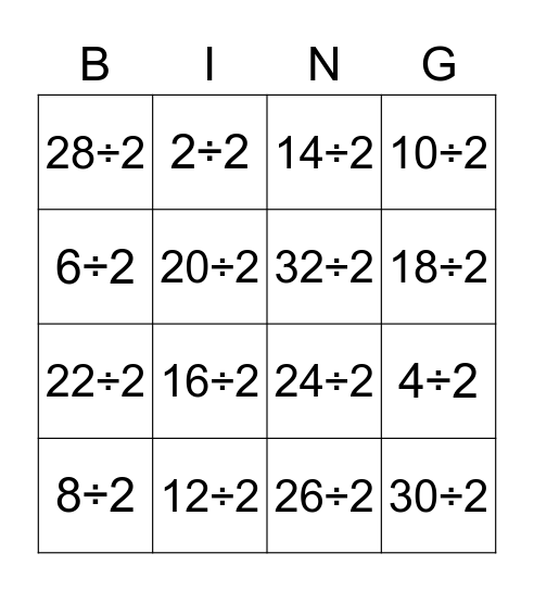 Divide by 2 Bingo Card
