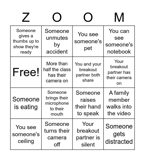 Zoom Expectations Bingo Card