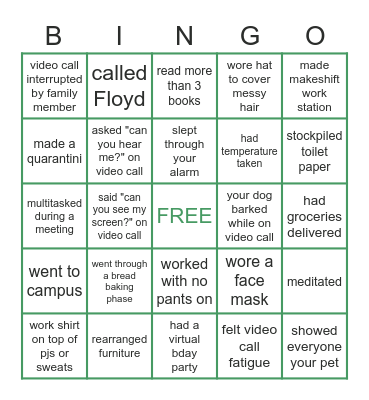 Quarantine Bingo Card