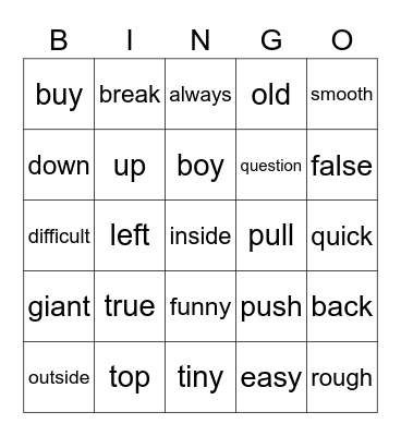 Antonyms Bingo Card
