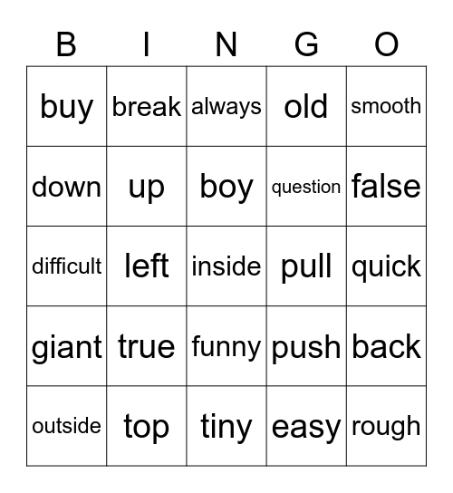 Antonyms Bingo Card