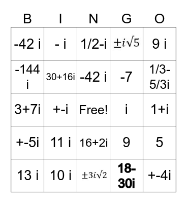 Algebra 2 Complex Number Bingo Card