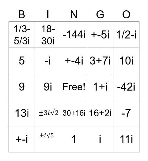 Algebra 2 Complex Number Bingo Card