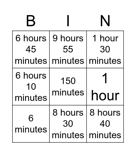 Time intervals game Bingo Card