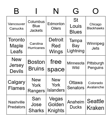 NHL teams Bingo Card