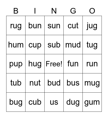 Short u Bingo Card