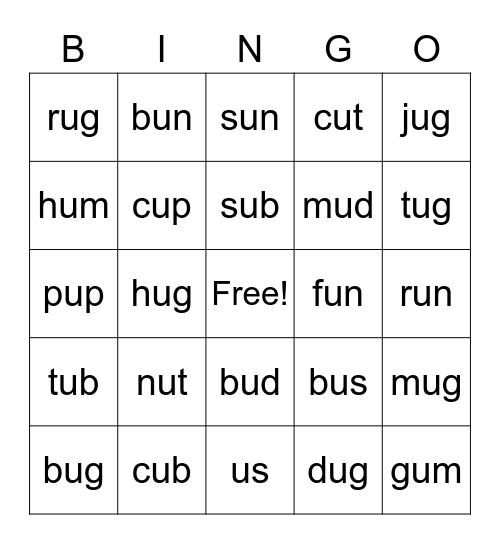 Short u Bingo Card