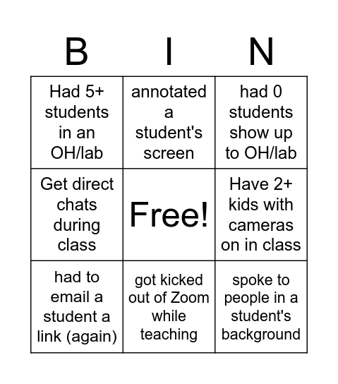 Remote Teaching Bingo Card