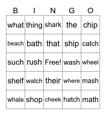 Words with th, ch, tch, wh and sh Bingo Card