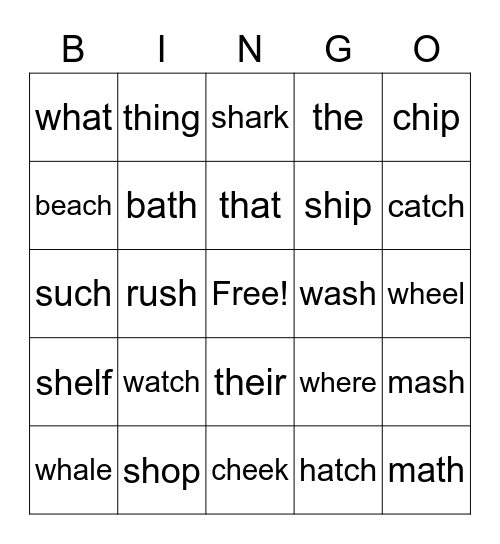 Words with th, ch, tch, wh and sh Bingo Card