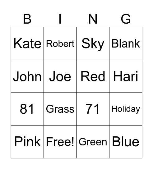 Test Card Bingo Card