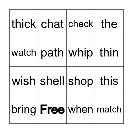 Digraphs Bingo Card