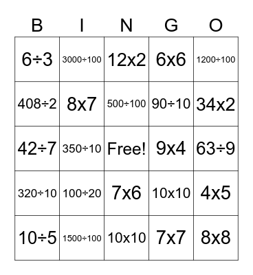 Multiplication and Division of a Whole Number Bingo Card
