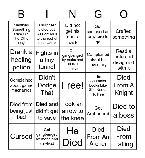 Zach's Demon Souls Bingo Card