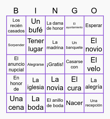 Spanish 3 Wedding Vocab Bingo Card