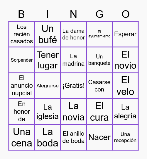 Spanish 3 Wedding Vocab Bingo Card