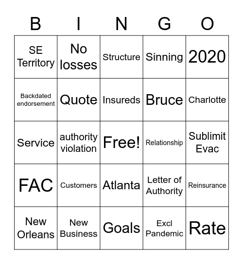 Underwriting Bingo Card