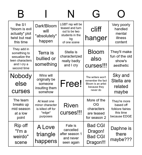 Fate: A Winx Saga Predictions Bingo Card