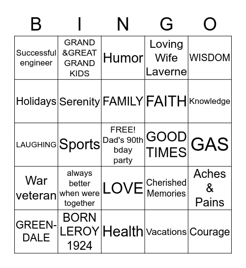 DAD"S 90th BIRTHDAY PARTY Bingo Card