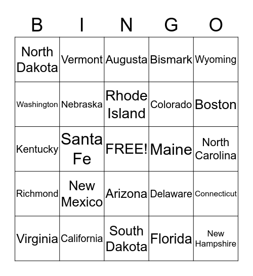 States and Capitals Bingo Card