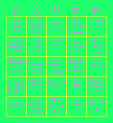 game awards bingo Card